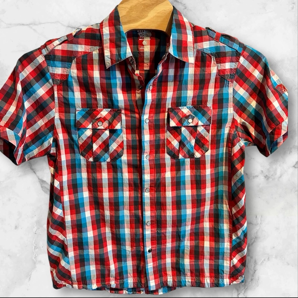 Mountain‎ Hardwear Shirt Men Large Blue White Red Plaid Pearl Snap Short Sleeve.